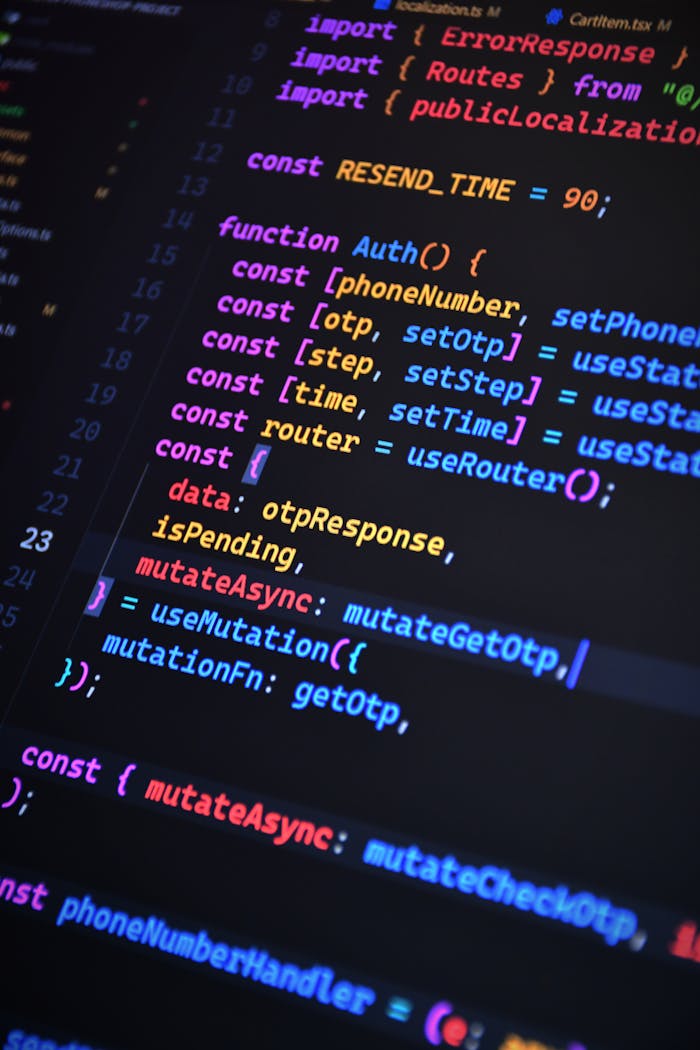 about-01 Close-up of vibrant JavaScript code for web development with ReactJS and Tailwind CSS.